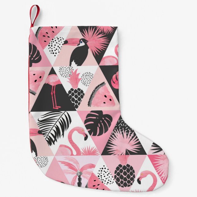 Meia De Natal Pequena Patchwork Tropical: Flamingo Watermelon Seamless. (Frente)
