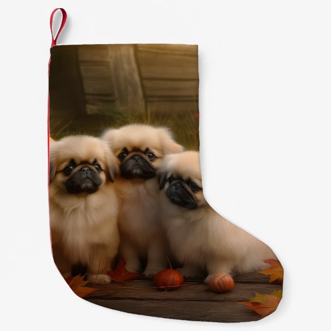 Meia De Natal Pequena Pekingese Puppy Autumn Delight Pumpkin (Frente)