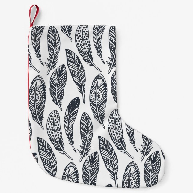 Meia De Natal Pequena Penas tribais desenhadas à mão, padrão de colheita (Frente)