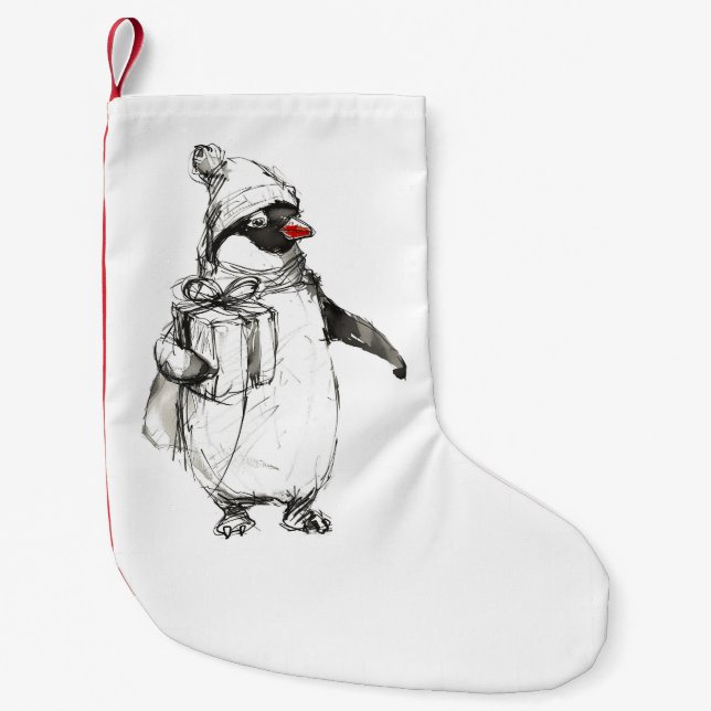 Meia De Natal Pequena Penguin Bonito Segurando Presente (Frente)