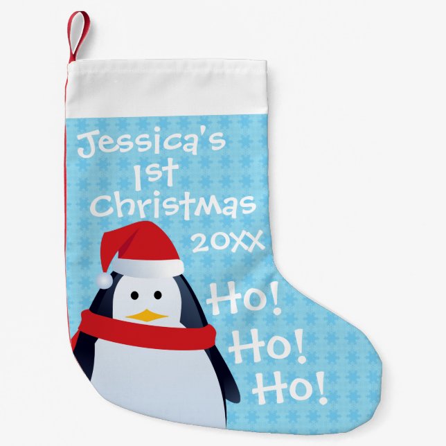 Meia De Natal Pequena Penguin - Personalised First Christmas (Frente)
