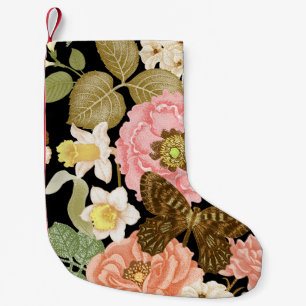 Meia De Natal Pequena Peônias de Rosas Vintage: Padrão Floral Preto