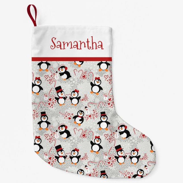 Meia De Natal Pequena Peppermint Pinguins de Natal Nome Personalizado (Frente)