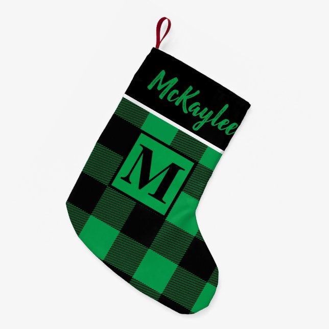 Meia De Natal Pequena Personalização da Xadrez de Búfalos Negra e Verde  (Frente (Pendurada))