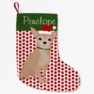 Meia De Natal Pequena Personalizado Tan Chihuahua e Bolinhas Verdes