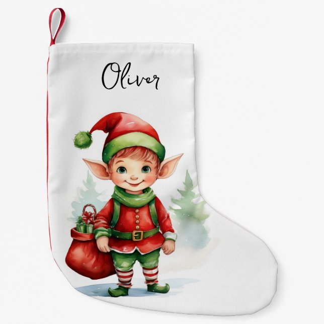 Meia De Natal Pequena Personalize o elfo de Natal com um saco de present (Frente)