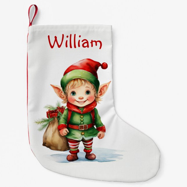 Meia De Natal Pequena Personalize o elfo de Natal com um saco de present (Frente)