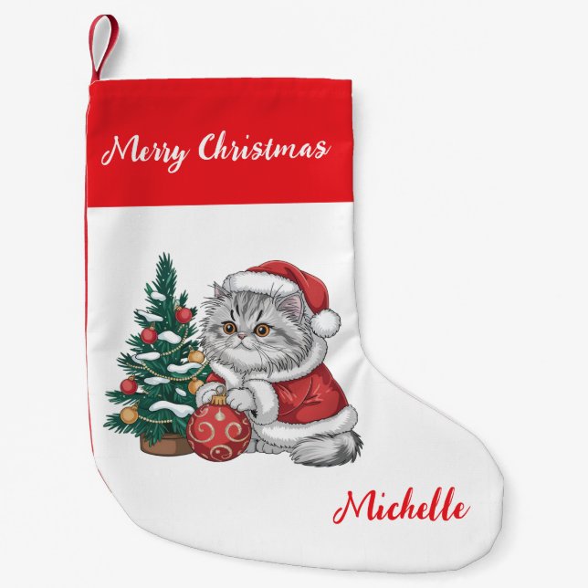 Meia De Natal Pequena Personalized Cat with Santa Hat Christmas tree     (Frente)