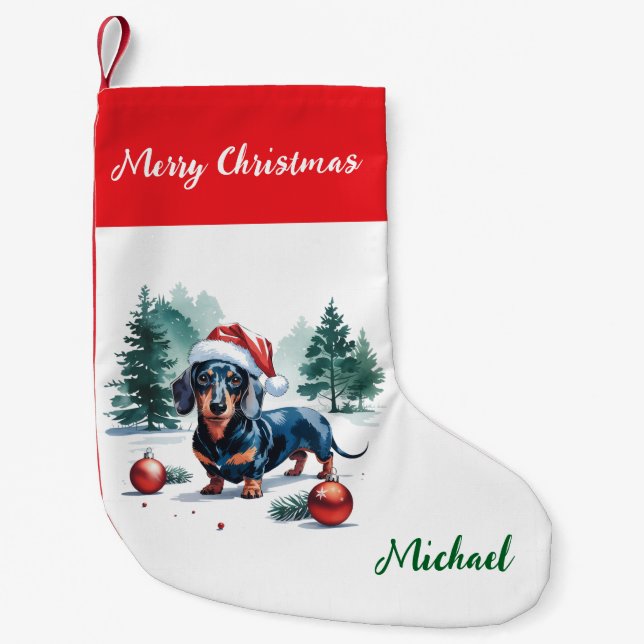 Meia De Natal Pequena Personalized Dachshund in Santa Hat Christmas (Frente)