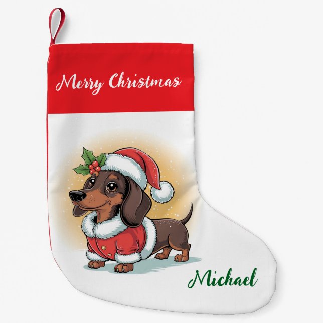 Meia De Natal Pequena Personalized Dachshund in Santa Hat Christmas (Frente)