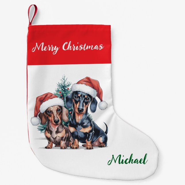 Meia De Natal Pequena Personalized Dachshund in Santa Hat Christmas (Frente)