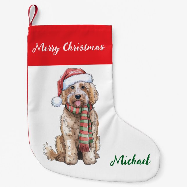Meia De Natal Pequena Personalized Goldendoodle Dog in Santa Hat  (Frente)