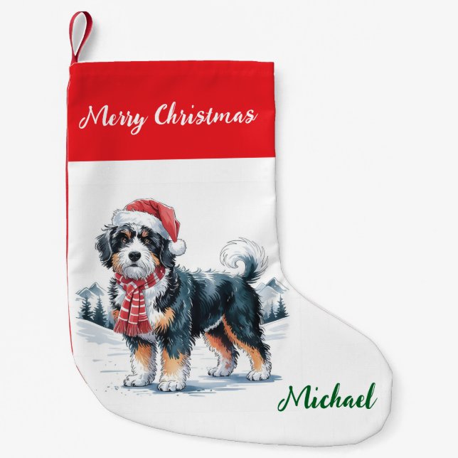 Meia De Natal Pequena Personalized Goldendoodle Dog in Santa Hat  (Frente)