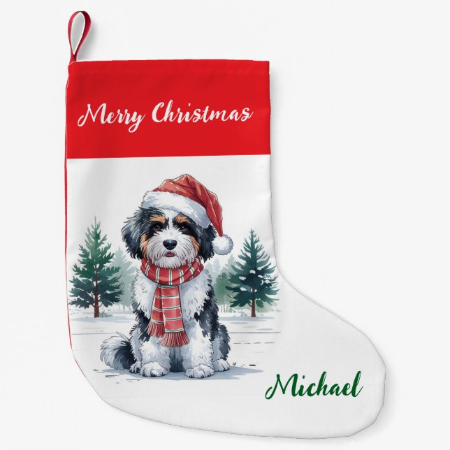 Meia De Natal Pequena Personalized Goldendoodle Dog in Santa Hat  (Frente)