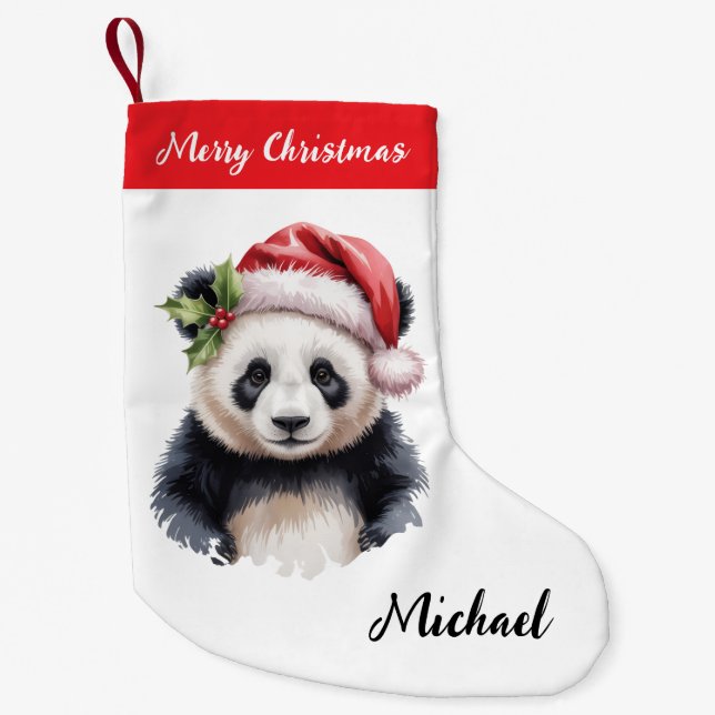 Meia De Natal Pequena Personalized Merry Christmas Cute Panda Bear (Frente)
