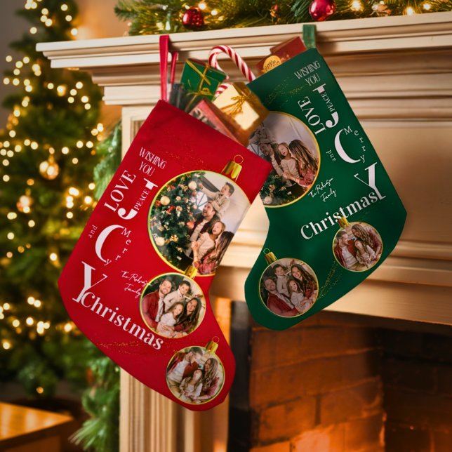 Meia De Natal Pequena Personalized Red and Green Photo Monogram Name (Criador carregado)