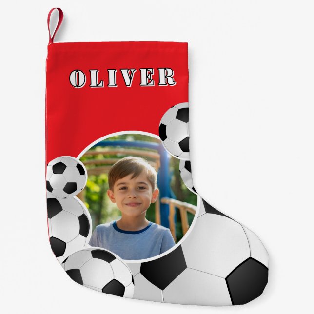 Meia De Natal Pequena Personalized Soccer Ball Football Boy Photo  (Frente)