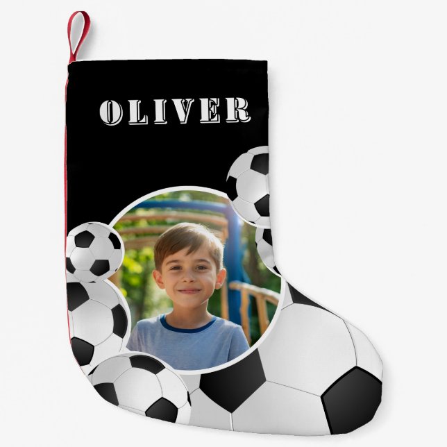 Meia De Natal Pequena Personalized Soccer Ball Football Boy Photo  (Frente)