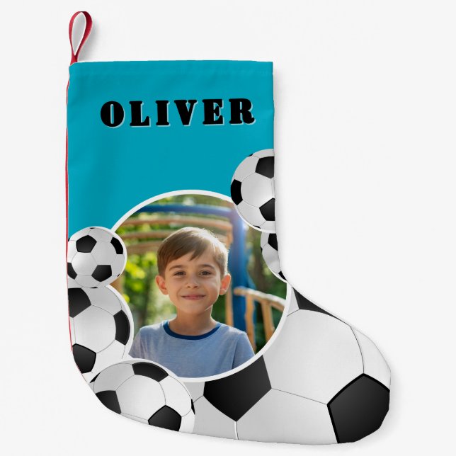 Meia De Natal Pequena Personalized Soccer Ball Football Boy Photo  (Frente)
