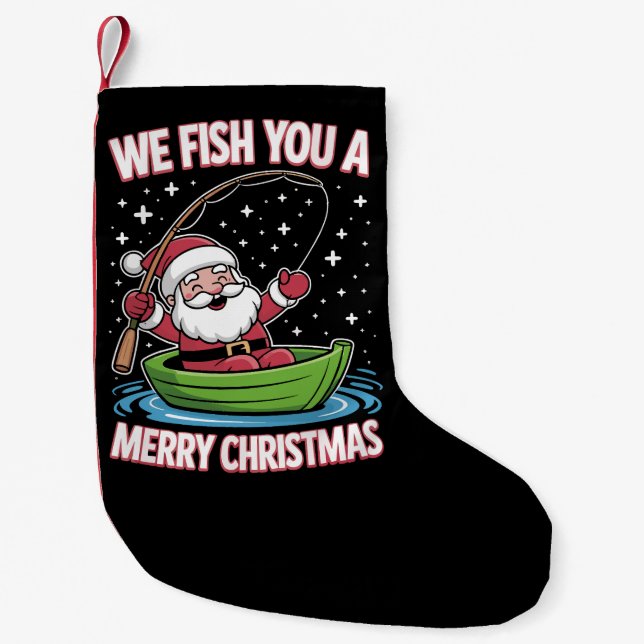 Meia De Natal Pequena Pescador de Natal Pescado Legal Papai Noel (Frente)