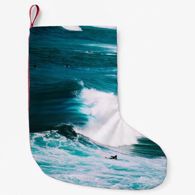 Meia De Natal Pequena Pessoa no surfboard com ondas oceânicas (Frente)