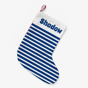 Meia De Natal Pequena Pet de nome personalizado branco e azul de faixa b
