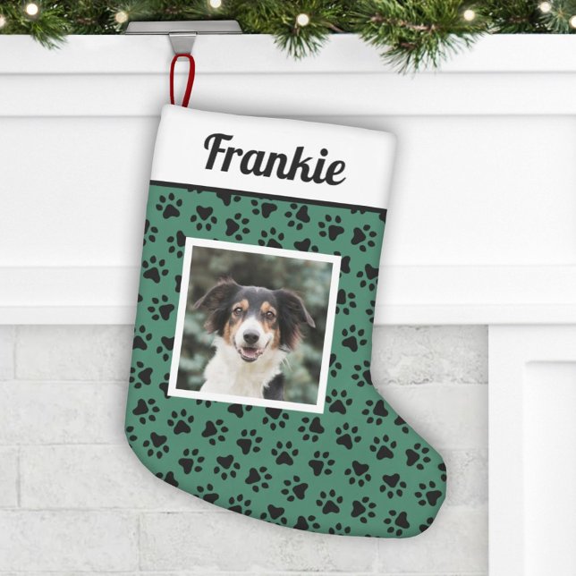 Meia De Natal Pequena Pet Dog Green e Black Paw imprime fotos personaliz (Criador carregado)