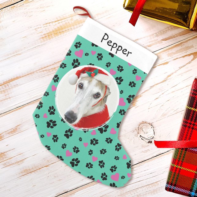 Meia De Natal Pequena Pet Dog Photo Custom Name Cole Paw imprime em verd (Criador carregado)