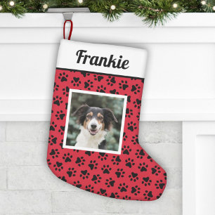 Meia De Natal Pequena Pet Dog Red and Black Paw Imprime Foto Personaliza
