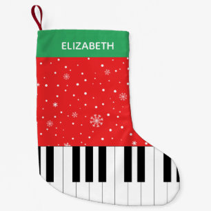 Meia De Natal Pequena Piano Key Snowflake Red & Green Stripes