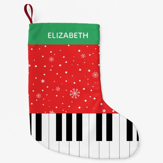 Meia De Natal Pequena Piano Key Snowflake Red & Green Stripes (Frente)