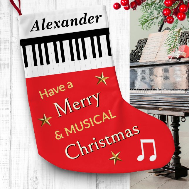 Meia De Natal Pequena Piano Keys Bright Red Music Themed Personalizado (A personalized Christmas stocking, in red with piano keys pattern and festive greeting)