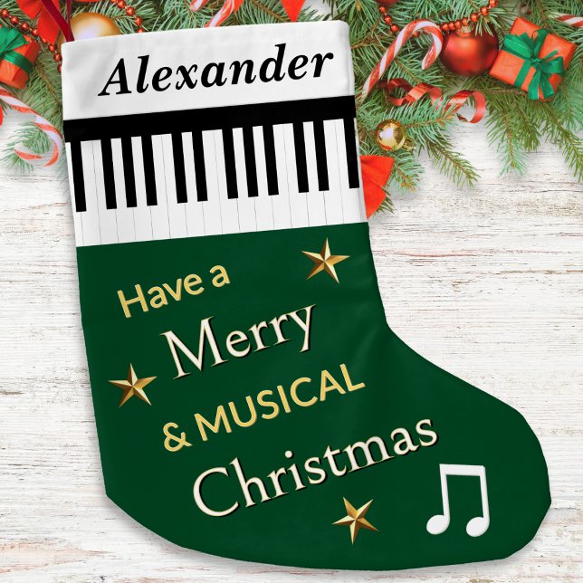 Meia De Natal Pequena Piano Keys Forest Green Music Pensou Personalizado (A Christmas stocking in forest green with piano keys design, custom name and music themed greeting)