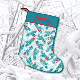 Meia De Natal Pequena Pine Twigs e Red Berries Padrão de Natal