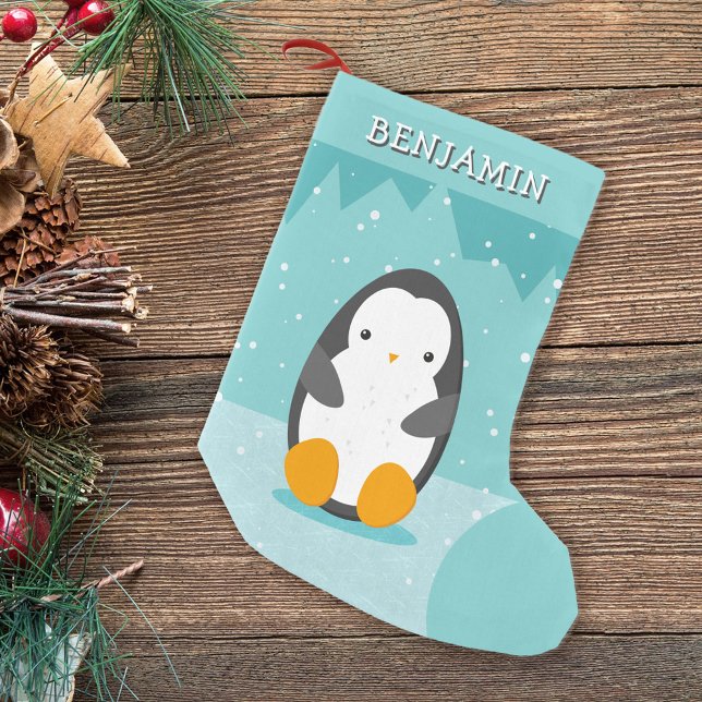 Meia De Natal Pequena Pinguim bonito com o nome azul de gelo do cartoon  (Criador carregado)