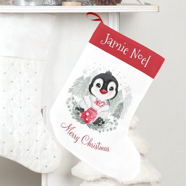Meia De Natal Pequena Pinguim Bonito Nome Red Kids Stocks de Natal (Cute Christmas Stocking with a Penguin)