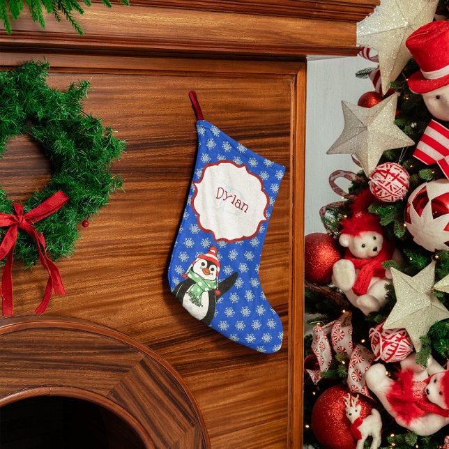 Meia De Natal Pequena Pinguim cúmulo e flocos de neve monogramados (Criador carregado)