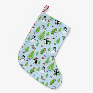 Meia De Natal Pequena Pinguim de Natal patinando no gelo e pescador de u