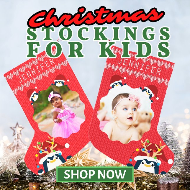 Meia De Natal Pequena Pinguim Divertido Seu Nome Fotográfico Cute Baby T (Penguins Christmas Stockings for Kids and Toddlers with Custom Name & Photo Christmas Sweater Style)