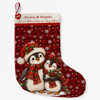 Meia De Natal Pequena Pinguim do Primeiro Natal Juntos com Nomes Persona