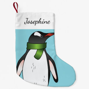 Meia De Natal Pequena Pinguim Gentil Vestindo Um Espinho Verde Em Azul