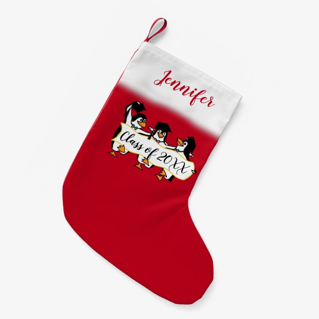 Meia De Natal Pequena Pinguins Com Graduação De Banner (Frente (Pendurada))