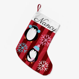 Meia De Natal Pequena Pinguins de Natal e Flocos de Neve Modernos Adoráv