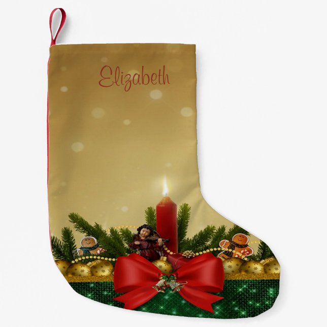 Meia De Natal Pequena Pinheiros De Árvore De Natal,Arco Vermelho, Vela,B (Frente)