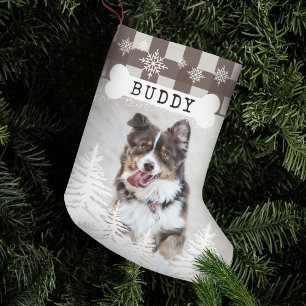 Meia De Natal Pequena Pinheiros Russos Xadrezes Castanhos Cachorros Cãe