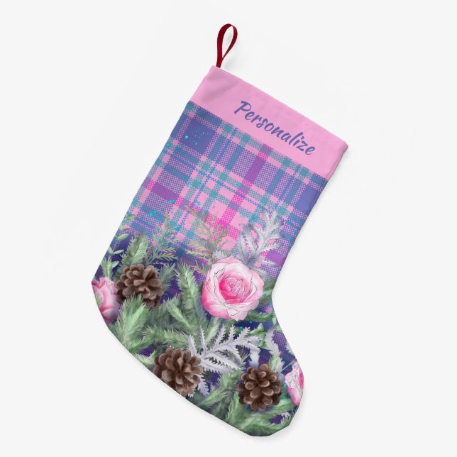 Meia De Natal Pequena Pink Blue Tartan Roses Pinecones Personalized (Frente (Pendurada))