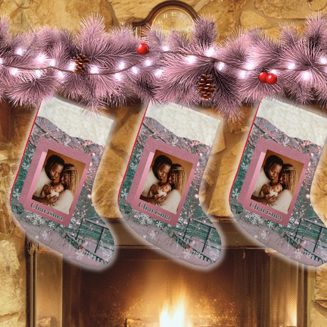 Meia De Natal Pequena Pink Name Winter Christmas Family Photo (Criador carregado)