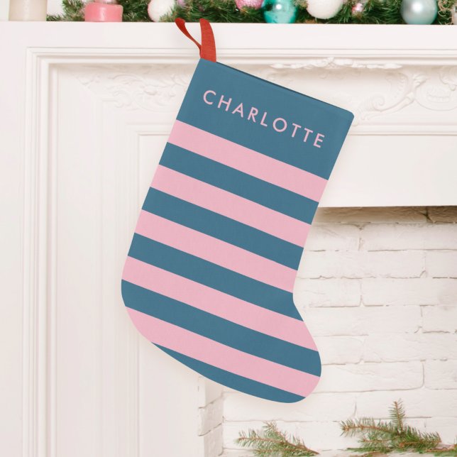 Meia De Natal Pequena Pink Navy Stripe | Modern Trendy Preppy Name (Criador carregado)