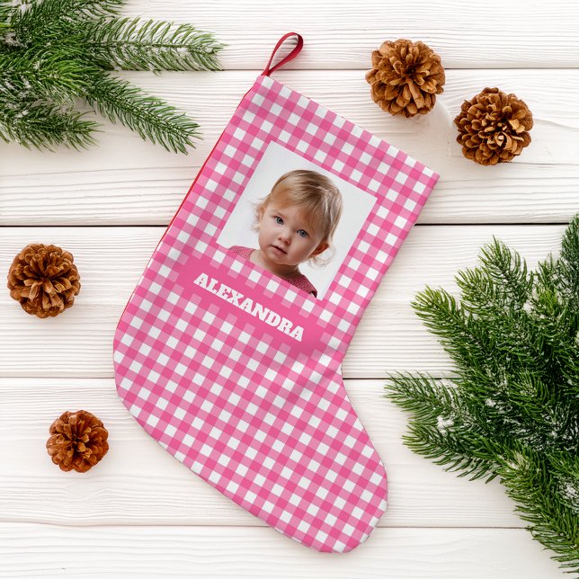 Meia De Natal Pequena Pink Plaid Girl Photo & Name Rustic Gingham Checks (Criador carregado)