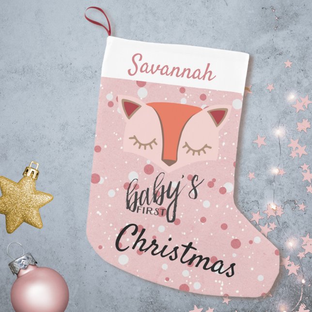 Meia De Natal Pequena Pink Woodland Fox Primeiro Natal Stox (Criador carregado)